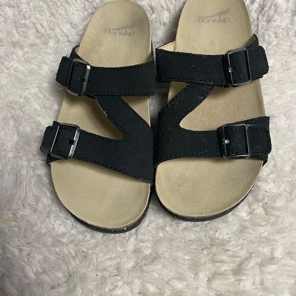 Dansko Black leather Suede cork straps Sandals Velcro closure side bucklesSZ10.5 - Picture 2 of 9